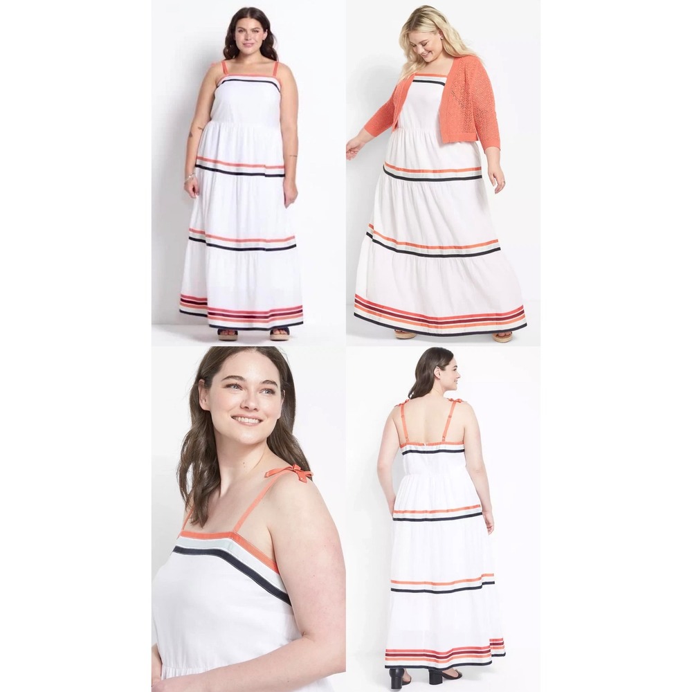 Lane Bryant White Cotton Tiered Maxi Dress Grosgrain Ribbon Trim Size 26 NWT